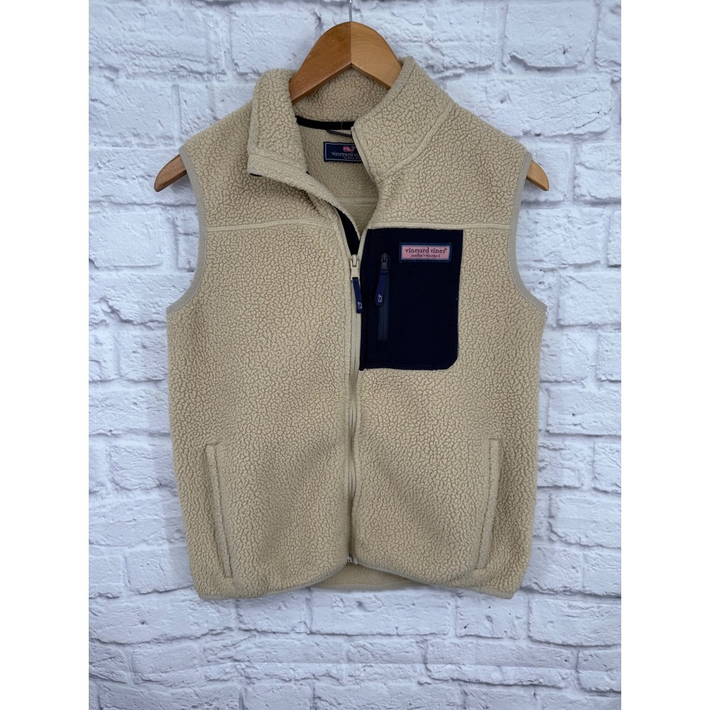 Vineyard Vines Boys Stillwater Sherpa Fleece Vest Tan Navy Preppy Zip Up Sz L 16